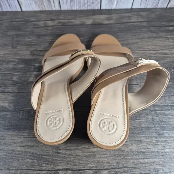 Tory Burch GIGI 65mm Wedge Royal Tan Leather Sandals Open Toe Women's Sz 11 M - Picture 7 of 9
